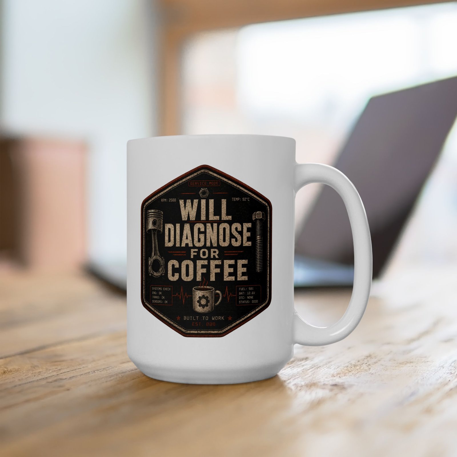 Mechanic's Coffee Mug 15oz — "Will Diagnose For Coffee" 15oz Coffee Cup Gift - Image 4