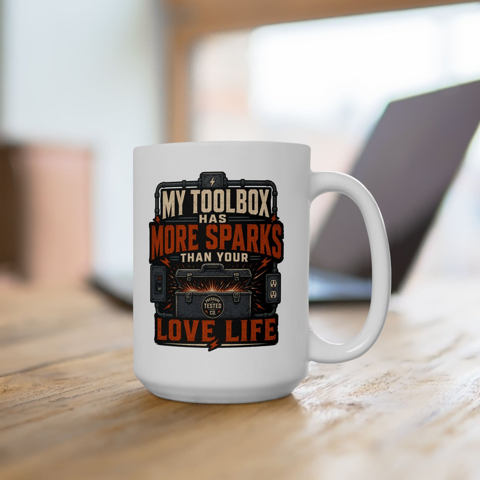 Electrician Ceramic Mug — "My Toolbox Has More Sparks Than Your Love Life" Vintage Industrial Shop Design (11oz / 15oz) - Image 4
