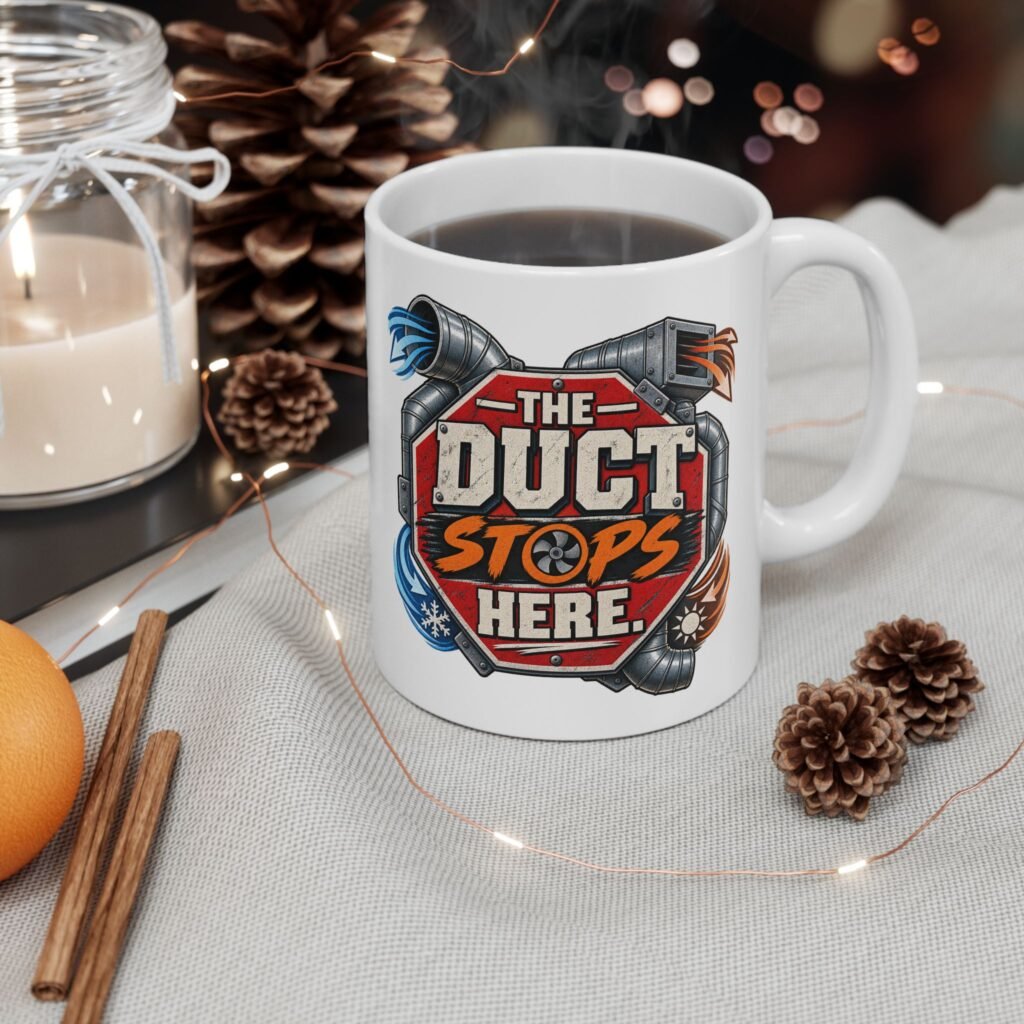 HVAC Technician Mug — "The Duct Stops Here" Vintage Graphic Ceramic Coffee Cup (11 oz, 15 oz)