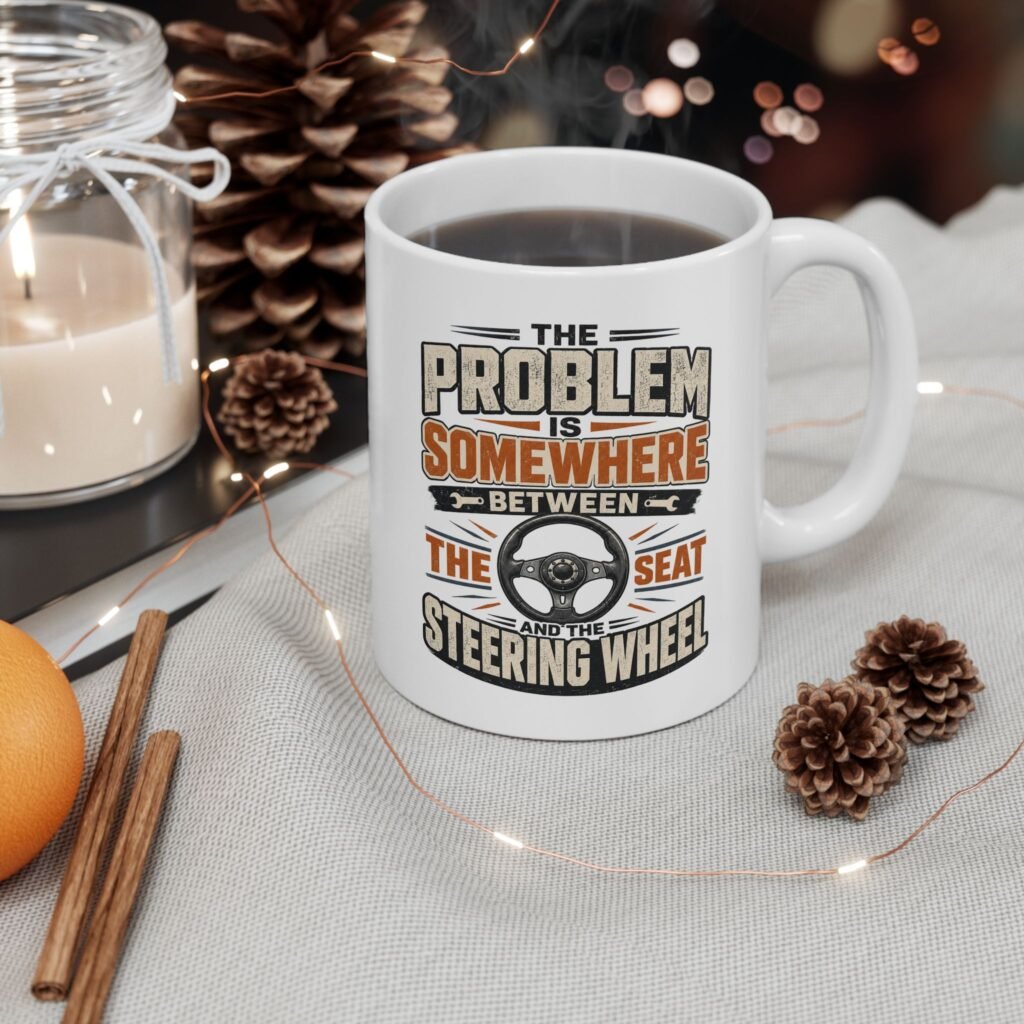 Driving Humor White Ceramic Mug — Vintage Industrial Shop Design (11oz / 15oz)