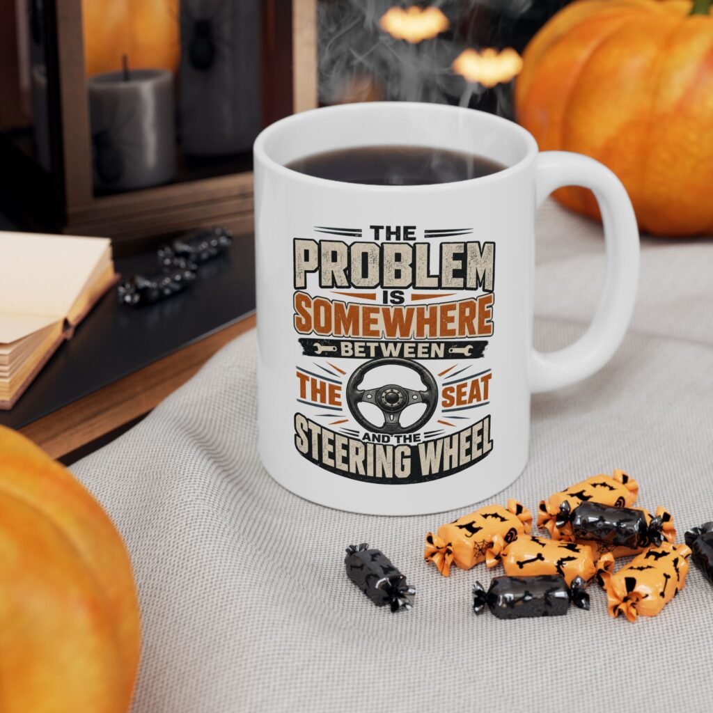 Driving Humor White Ceramic Mug — Vintage Industrial Shop Design (11oz / 15oz)