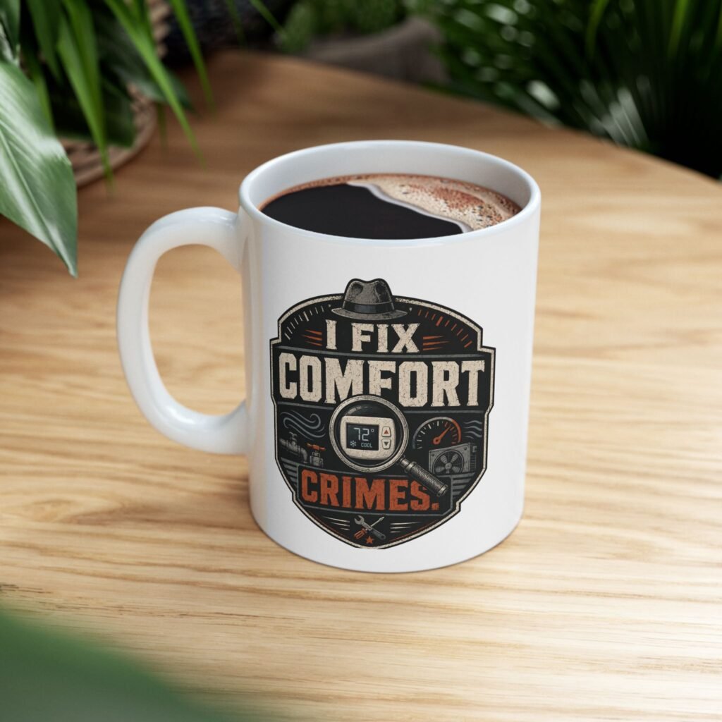 Humorous HVAC Coffee Cup — 'I Fix Comfort Crimes' Retro Badge Design Ceramic Mug (11oz, 15oz)