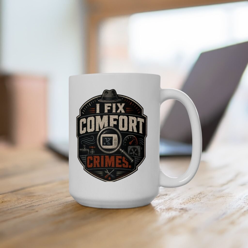 Humorous HVAC Coffee Cup — 'I Fix Comfort Crimes' Retro Badge Design Ceramic Mug (11oz, 15oz)