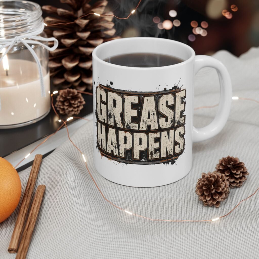 Mechanic's or Cook's Coffee Mug — 'GREASE HAPPENS' Rustic Grunge Typography Ceramic Mug (11oz, 15oz)