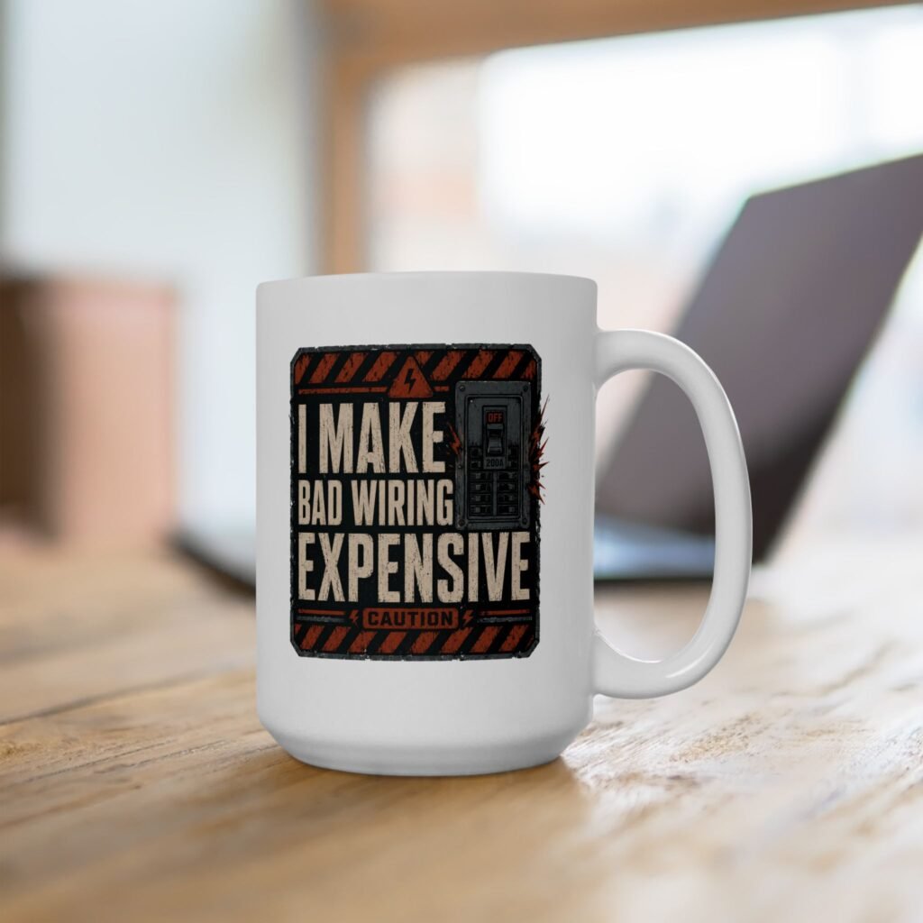 Humorous Electrician Coffee Cup — 'I Make Bad Wiring Expensive' Retro Badge Design Ceramic Mug (11oz, 15oz)