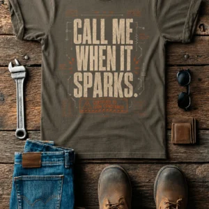 Call Me When It Sparks Graphic Tee — Vintage Industrial Spark Design — army t-shirt, flat-lay product photo | Pressure Tested Co