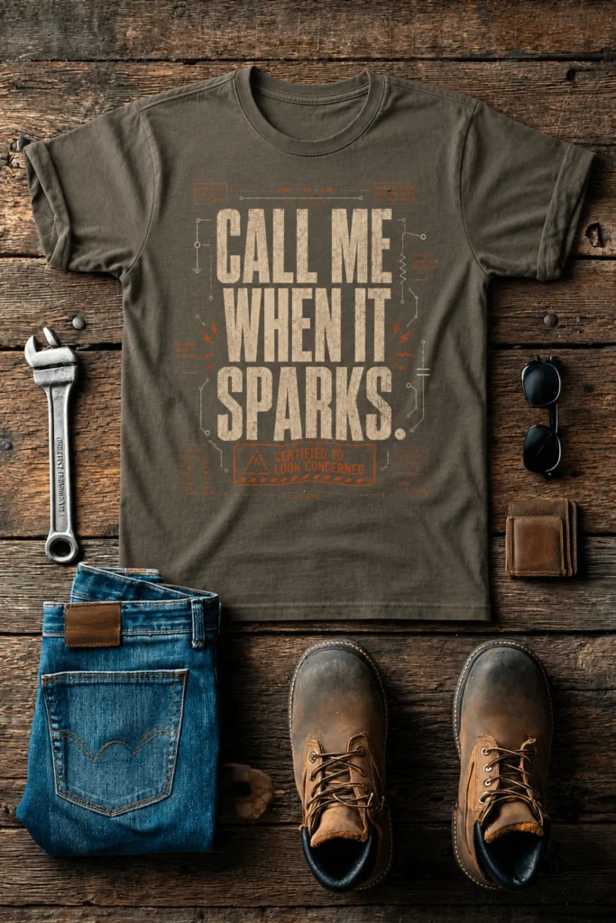 Call Me When It Sparks Graphic Tee — Vintage Industrial Spark Design — army t-shirt, flat-lay product photo | Pressure Tested Co
