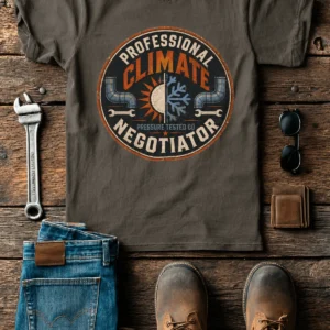 Funny HVAC Shirt, "Professional Climate Negotiator" T-Shirt – HVAC Service Tech Badge Design — army t-shirt, flat-lay product photo | Pressure Tested Co
