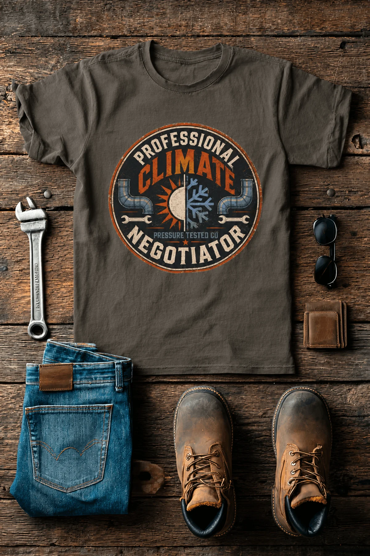 Funny HVAC Shirt, "Professional Climate Negotiator" T-Shirt – HVAC Service Tech Badge Design — army t-shirt, flat-lay product photo | Pressure Tested Co