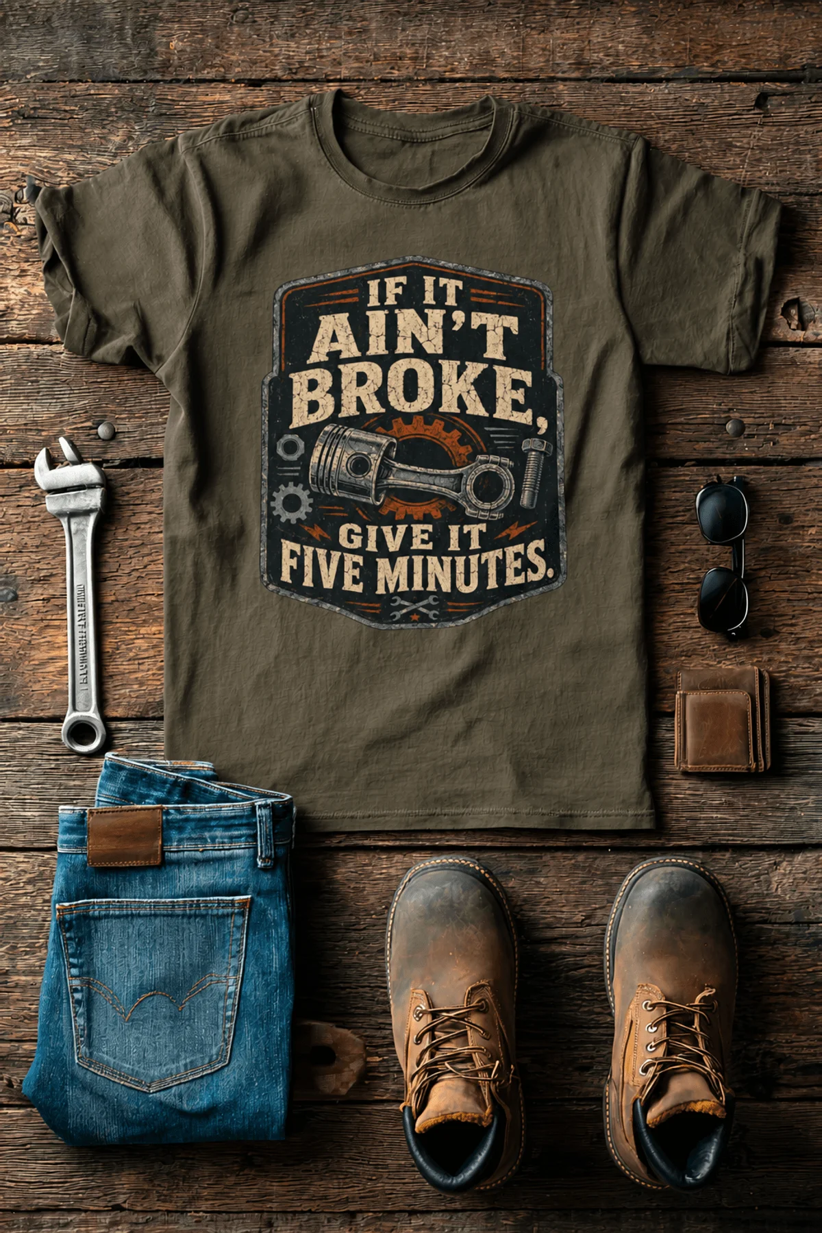 T-Shirt — "If It Ain't Broke, Give It Five Minutes" Vintage Mechanic Tee — army t-shirt, flat-lay product photo | Pressure Tested Co