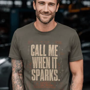 Call Me When It Sparks Graphic Tee — Vintage Industrial Spark Design — army t-shirt, model photo | Pressure Tested Co
