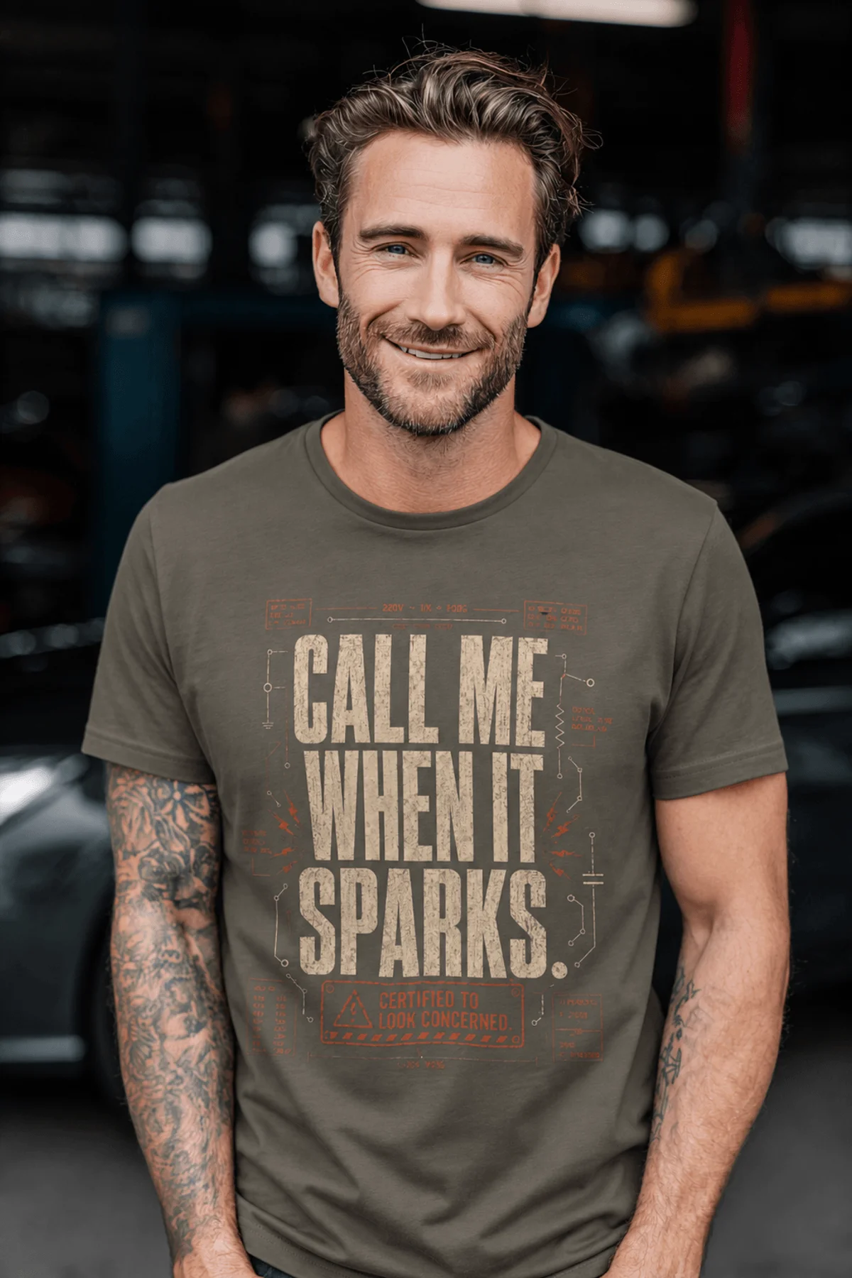 Call Me When It Sparks Graphic Tee — Vintage Industrial Spark Design — army t-shirt, model photo | Pressure Tested Co