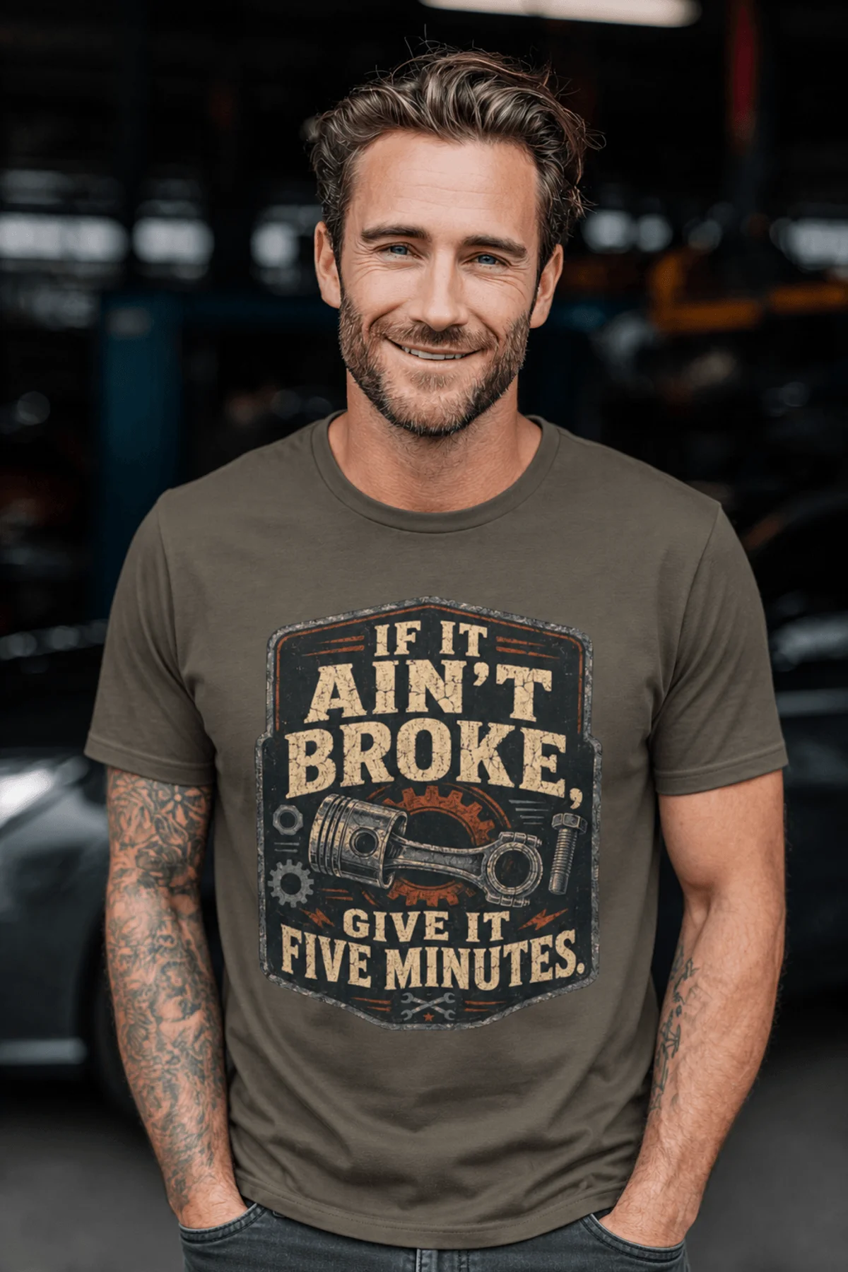 T-Shirt — "If It Ain't Broke, Give It Five Minutes" Vintage Mechanic Tee — army t-shirt, model photo | Pressure Tested Co