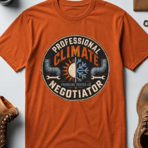 Funny HVAC Shirt, "Professional Climate Negotiator" T-Shirt – HVAC Service Tech Badge Design — autumn t-shirt, flat-lay product photo | Pressure Tested Co