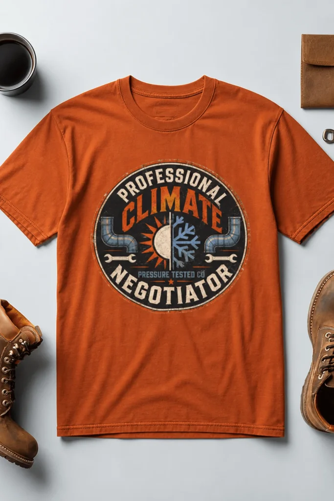 Funny HVAC Shirt, "Professional Climate Negotiator" T-Shirt – HVAC Service Tech Badge Design — autumn t-shirt, flat-lay product photo | Pressure Tested Co