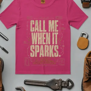 Call Me When It Sparks Graphic Tee — Vintage Industrial Spark Design — berry t-shirt, flat-lay product photo | Pressure Tested Co