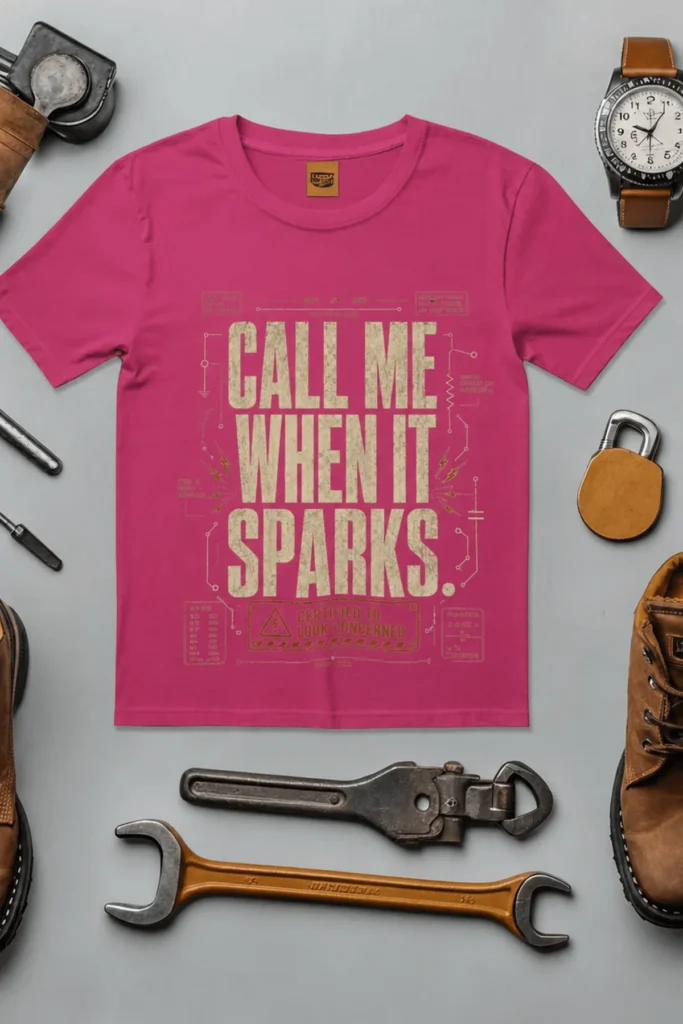 Call Me When It Sparks Graphic Tee — Vintage Industrial Spark Design — berry t-shirt, flat-lay product photo | Pressure Tested Co