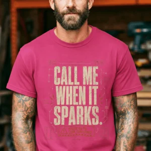 Call Me When It Sparks Graphic Tee — Vintage Industrial Spark Design — berry t-shirt, model photo | Pressure Tested Co