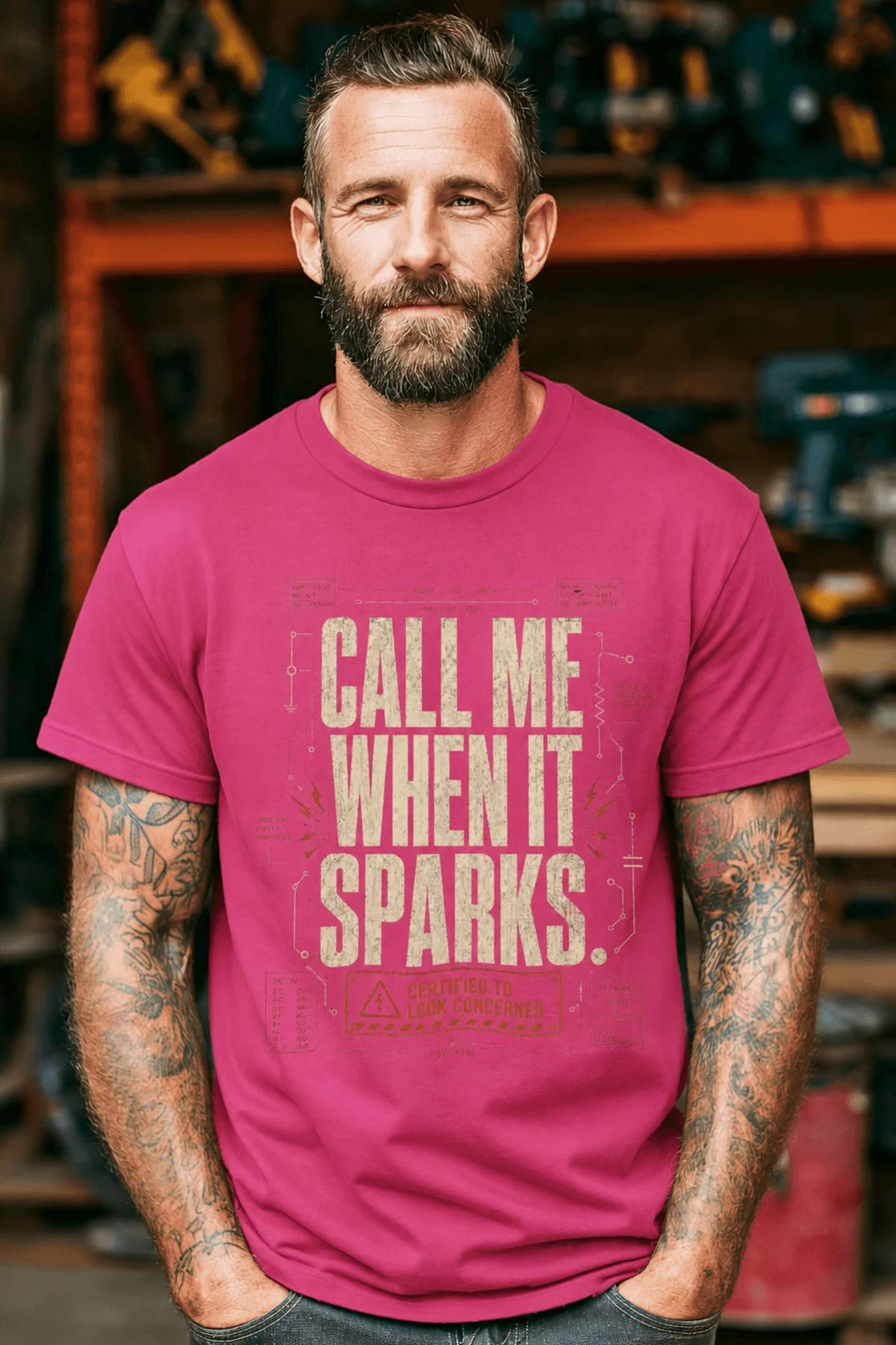 Call Me When It Sparks Graphic Tee — Vintage Industrial Spark Design — berry t-shirt, model photo | Pressure Tested Co
