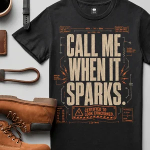Call Me When It Sparks Graphic Tee — Vintage Industrial Spark Design — black t-shirt, flat-lay product photo | Pressure Tested Co