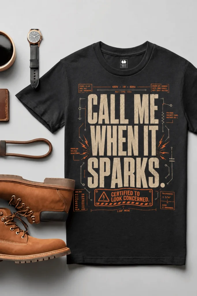 Call Me When It Sparks Graphic Tee — Vintage Industrial Spark Design — black t-shirt, flat-lay product photo | Pressure Tested Co