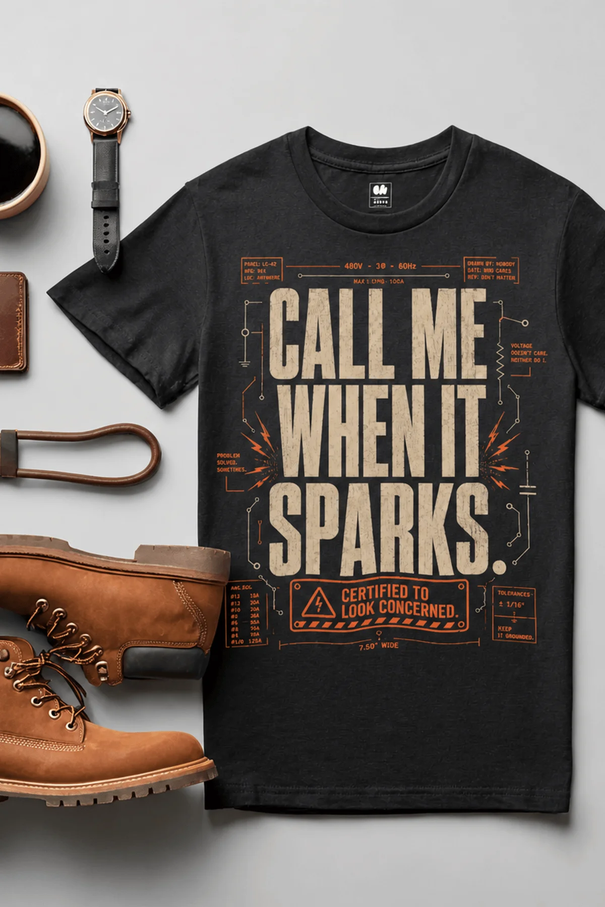 Call Me When It Sparks Graphic Tee — Vintage Industrial Spark Design — black t-shirt, flat-lay product photo | Pressure Tested Co