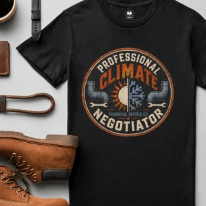Funny HVAC Shirt, "Professional Climate Negotiator" T-Shirt – HVAC Service Tech Badge Design — black t-shirt, flat-lay product photo | Pressure Tested Co
