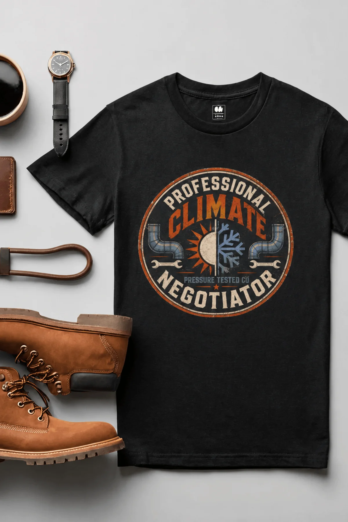 Funny HVAC Shirt, "Professional Climate Negotiator" T-Shirt – HVAC Service Tech Badge Design — black t-shirt, flat-lay product photo | Pressure Tested Co
