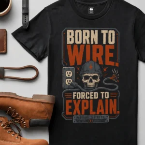 Electrician T-Shirt — "Born to Wire, Forced to Explain" Vintage Skull Tee — black t-shirt, flat-lay product photo | Pressure Tested Co