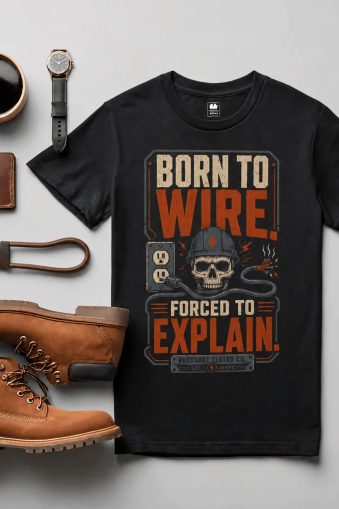 Electrician T-Shirt — "Born to Wire, Forced to Explain" Vintage Skull Tee — black t-shirt, flat-lay product photo | Pressure Tested Co