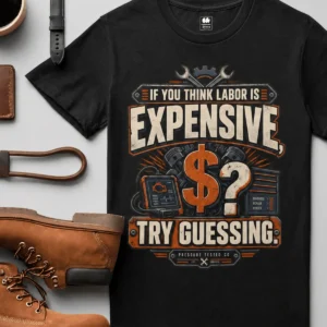 Sarcastic T-Shirt — "If You Think Labor Is Expensive, Try Guessing" Vintage Trades Tee — black t-shirt, flat-lay product photo | Pressure Tested Co