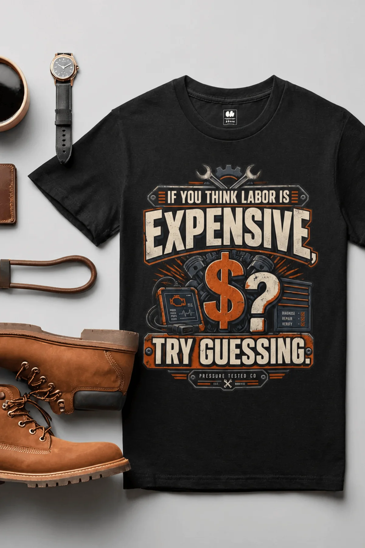 Sarcastic T-Shirt — "If You Think Labor Is Expensive, Try Guessing" Vintage Trades Tee — black t-shirt, flat-lay product photo | Pressure Tested Co