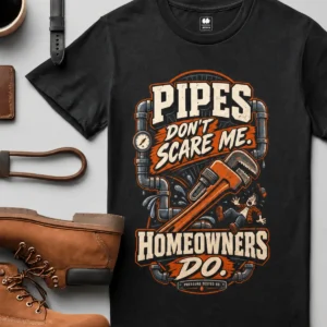 Plumber Humor T-Shirt — “Pipes Don't Scare Me, Homeowners Do” Graphic Pipe Tee — black t-shirt, flat-lay product photo | Pressure Tested Co