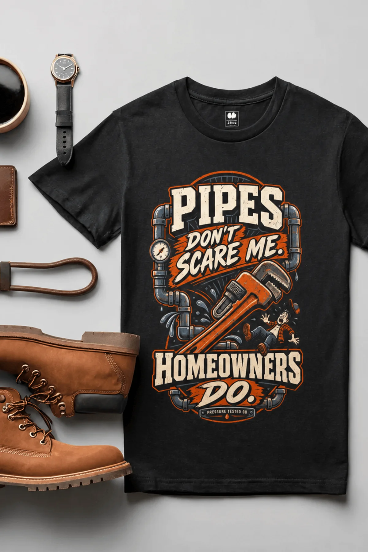 Plumber Humor T-Shirt — “Pipes Don't Scare Me, Homeowners Do” Graphic Pipe Tee — black t-shirt, flat-lay product photo | Pressure Tested Co