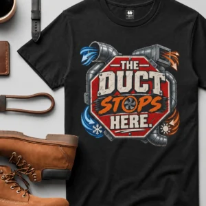 The Duct Stops Here T-Shirt — HVAC Technician Funny Logo Tee — black t-shirt, flat-lay product photo | Pressure Tested Co