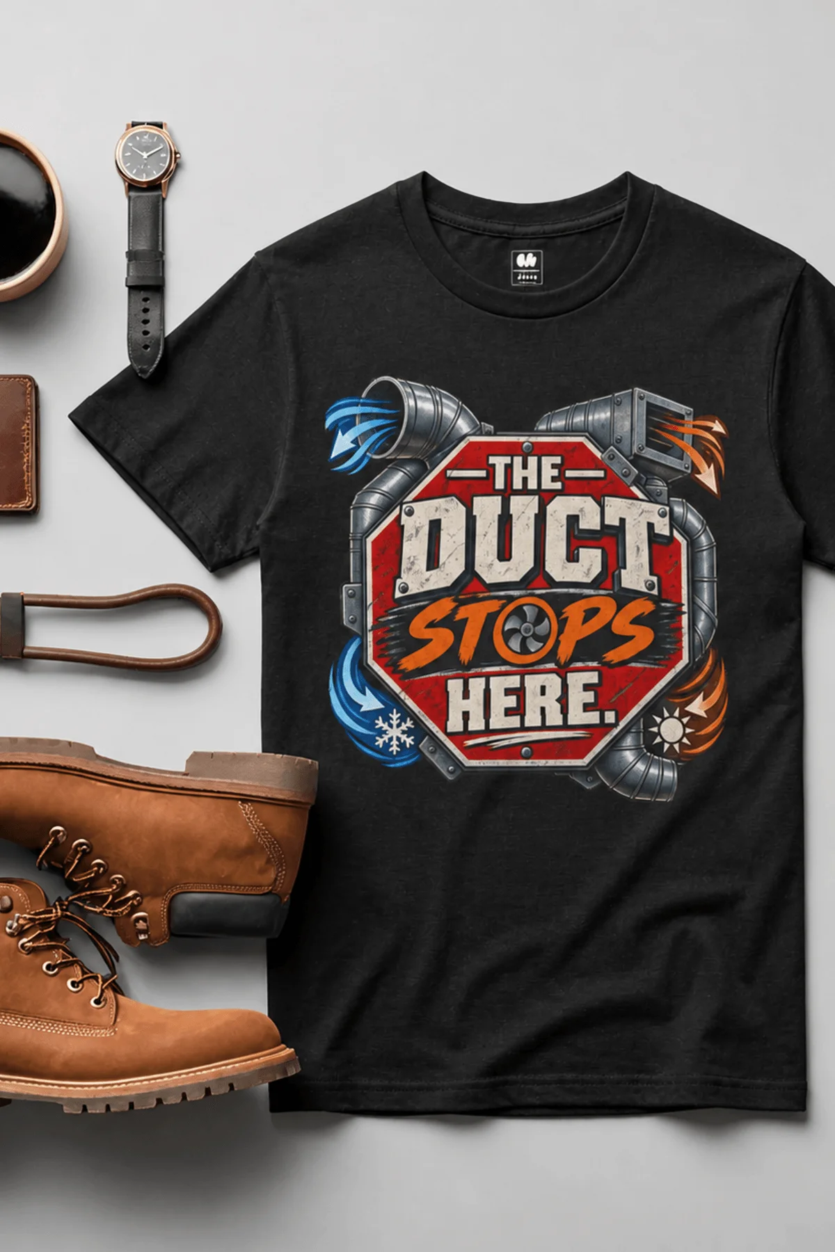 The Duct Stops Here T-Shirt — HVAC Technician Funny Logo Tee — black t-shirt, flat-lay product photo | Pressure Tested Co