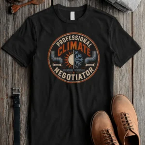 Funny HVAC Shirt, "Professional Climate Negotiator" T-Shirt – HVAC Service Tech Badge Design — black-heather t-shirt, flat-lay product photo | Pressure Tested Co