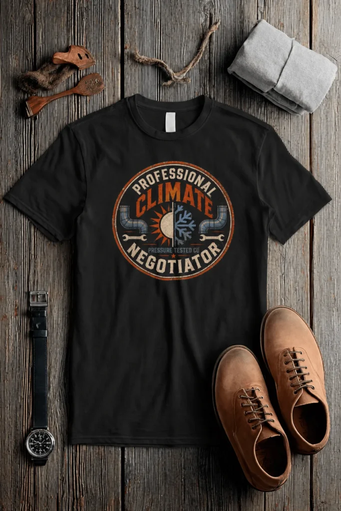 Funny HVAC Shirt, "Professional Climate Negotiator" T-Shirt – HVAC Service Tech Badge Design — black-heather t-shirt, flat-lay product photo | Pressure Tested Co