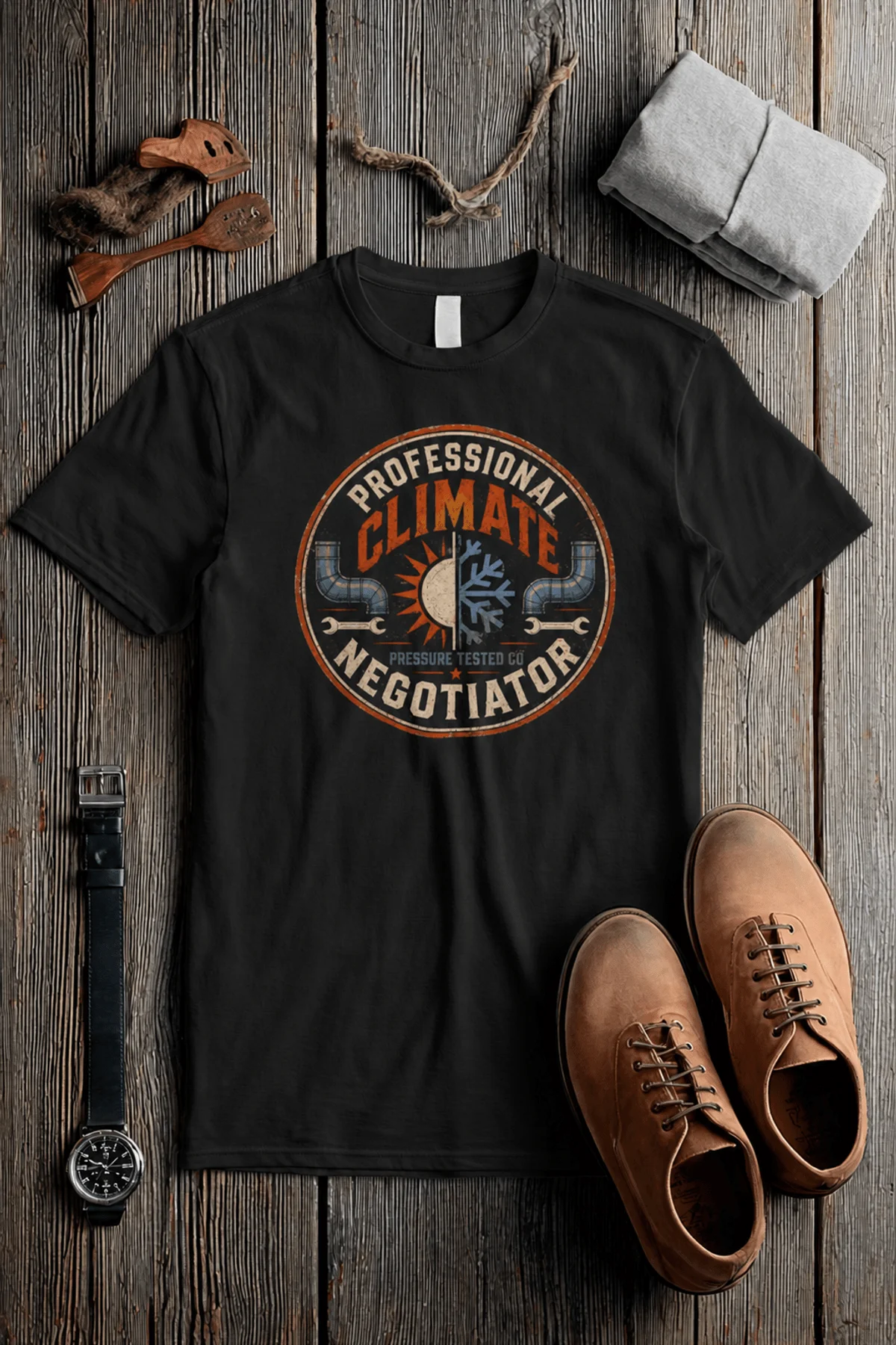 Funny HVAC Shirt, "Professional Climate Negotiator" T-Shirt – HVAC Service Tech Badge Design — black-heather t-shirt, flat-lay product photo | Pressure Tested Co