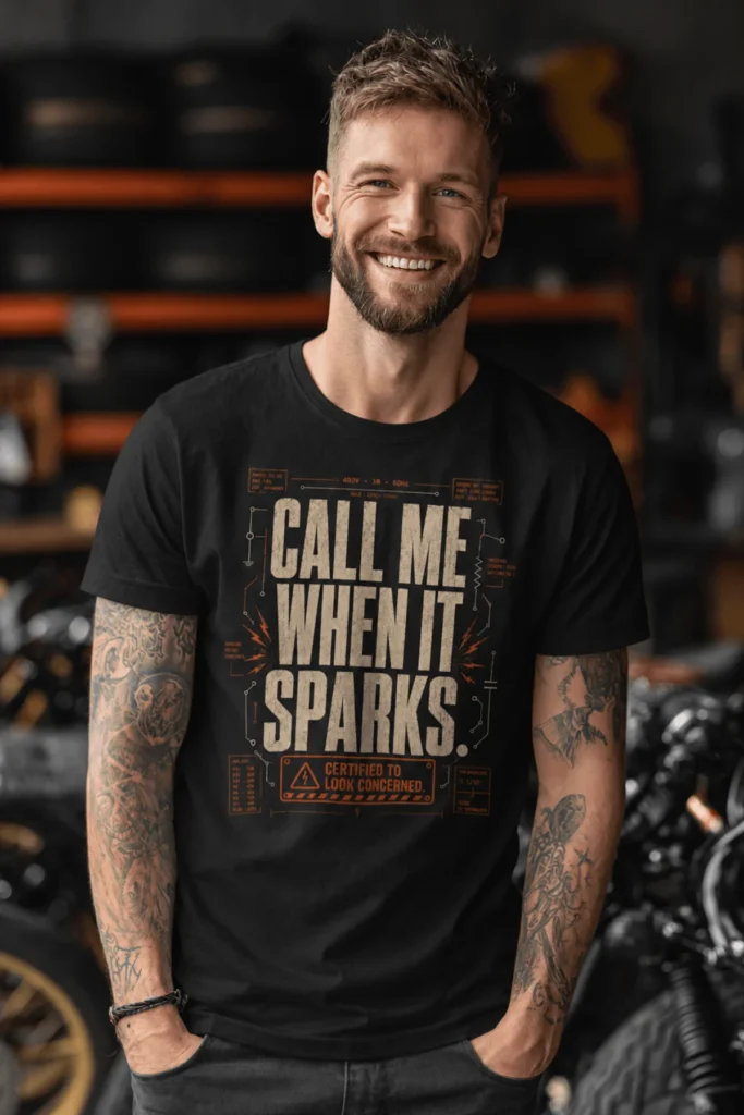 Call Me When It Sparks Graphic Tee — Vintage Industrial Spark Design — black t-shirt, model photo | Pressure Tested Co