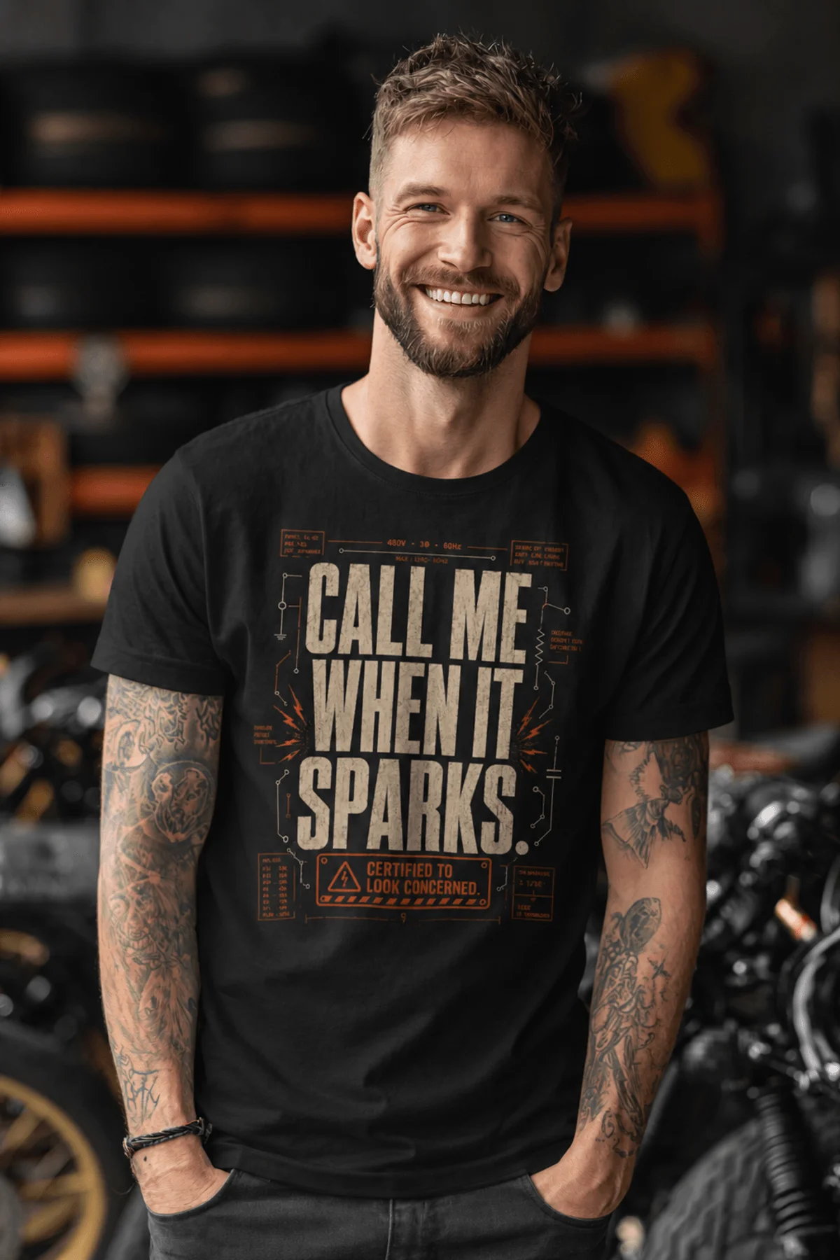 Call Me When It Sparks Graphic Tee — Vintage Industrial Spark Design — black t-shirt, model photo | Pressure Tested Co