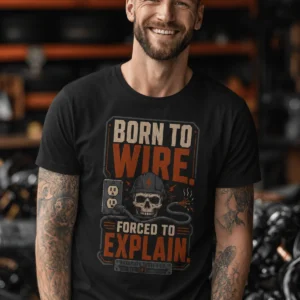 Electrician T-Shirt — "Born to Wire, Forced to Explain" Vintage Skull Tee — black t-shirt, model photo | Pressure Tested Co