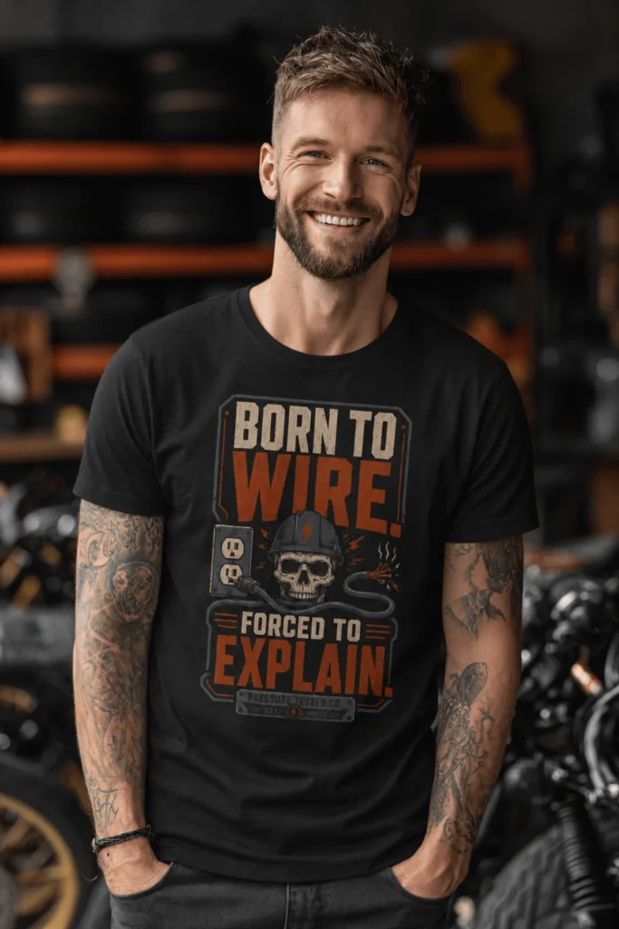 Electrician T-Shirt — "Born to Wire, Forced to Explain" Vintage Skull Tee — black t-shirt, model photo | Pressure Tested Co