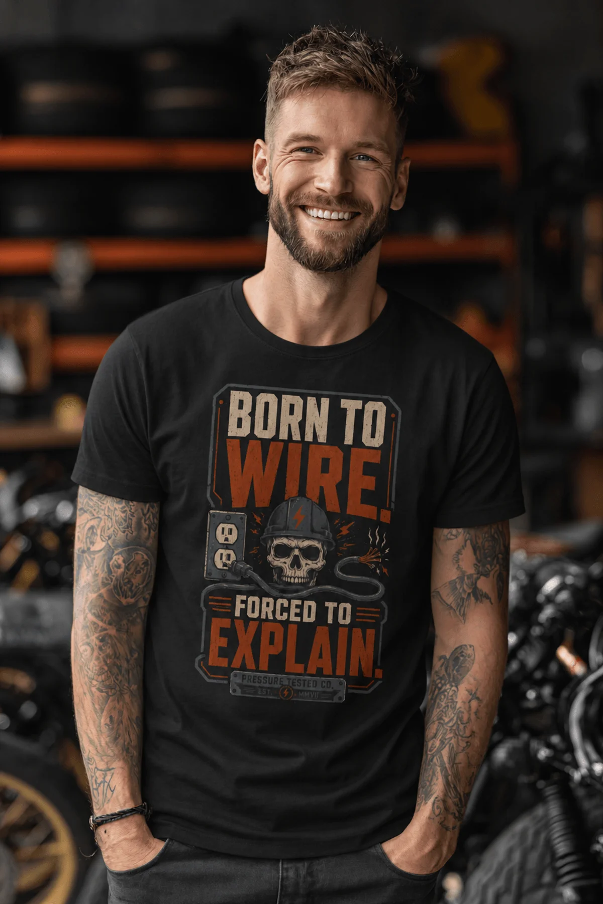 Electrician T-Shirt — "Born to Wire, Forced to Explain" Vintage Skull Tee — black t-shirt, model photo | Pressure Tested Co