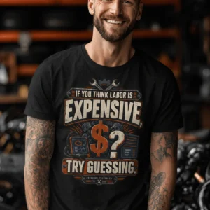 Sarcastic T-Shirt — "If You Think Labor Is Expensive, Try Guessing" Vintage Trades Tee — black t-shirt, model photo | Pressure Tested Co