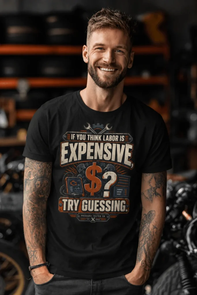 Sarcastic T-Shirt — "If You Think Labor Is Expensive, Try Guessing" Vintage Trades Tee — black t-shirt, model photo | Pressure Tested Co