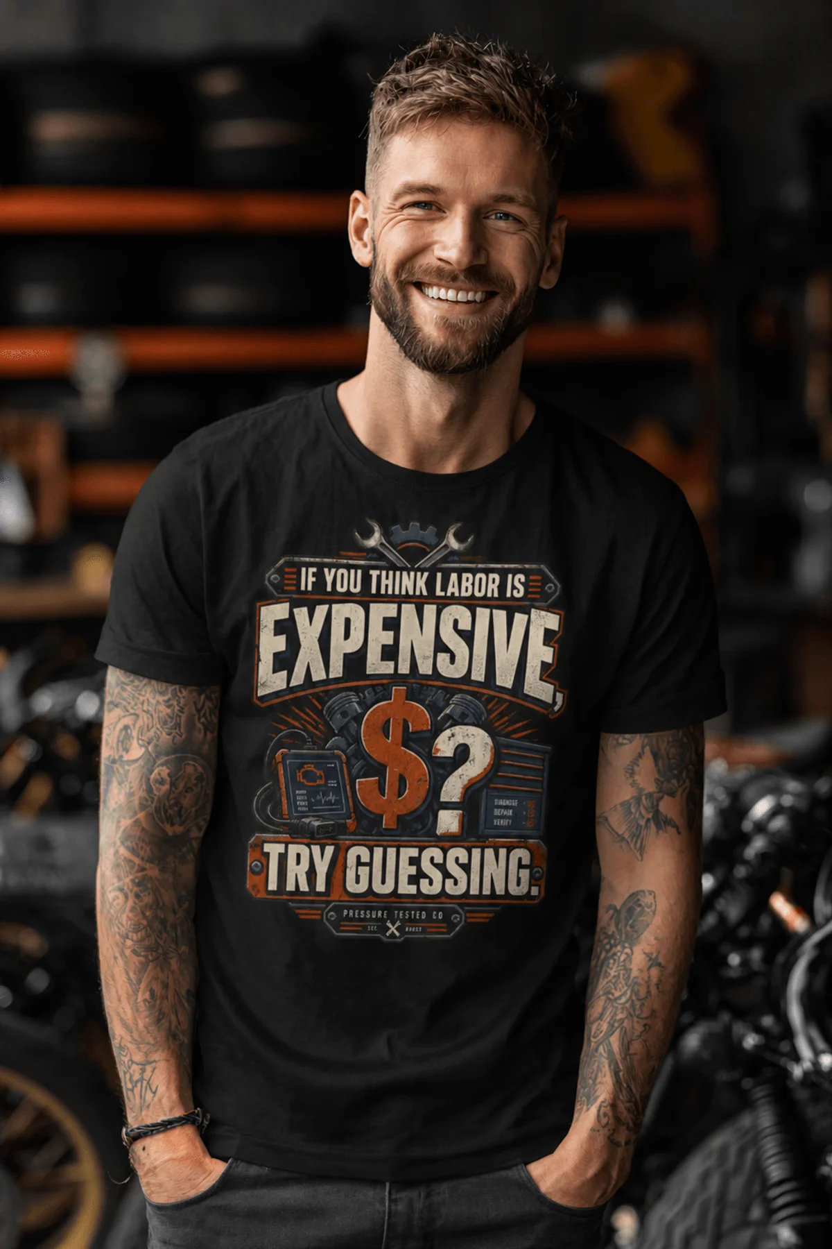 Sarcastic T-Shirt — "If You Think Labor Is Expensive, Try Guessing" Vintage Trades Tee — black t-shirt, model photo | Pressure Tested Co