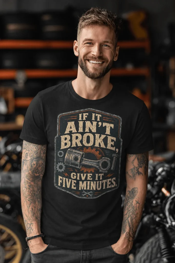 T-Shirt — "If It Ain't Broke, Give It Five Minutes" Vintage Mechanic Tee — black t-shirt, model photo | Pressure Tested Co