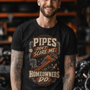 Plumber Humor T-Shirt — “Pipes Don't Scare Me, Homeowners Do” Graphic Pipe Tee — black t-shirt, model photo | Pressure Tested Co
