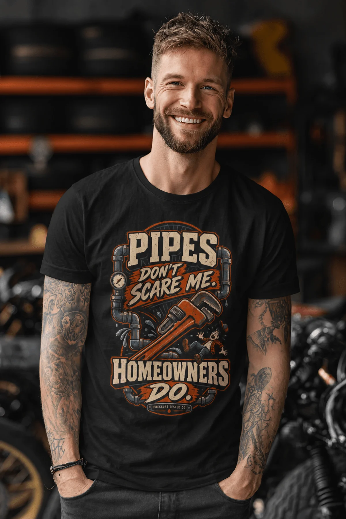 Plumber Humor T-Shirt — “Pipes Don't Scare Me, Homeowners Do” Graphic Pipe Tee — black t-shirt, model photo | Pressure Tested Co